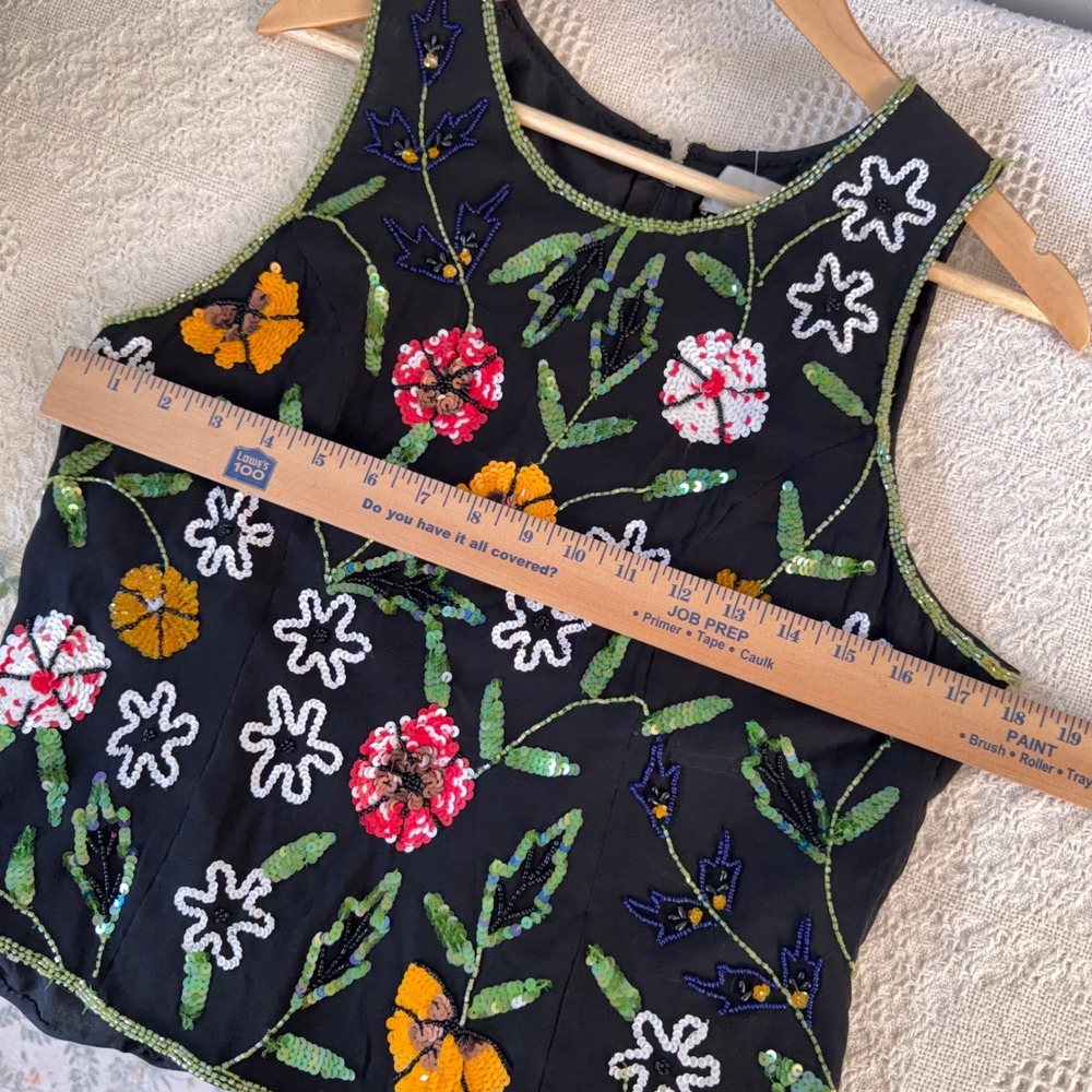 Paradise NY Vtg Vest Top 100% Silk Beaded Floral Sequin Black 90s Whimsigoth - Picture 4 of 8